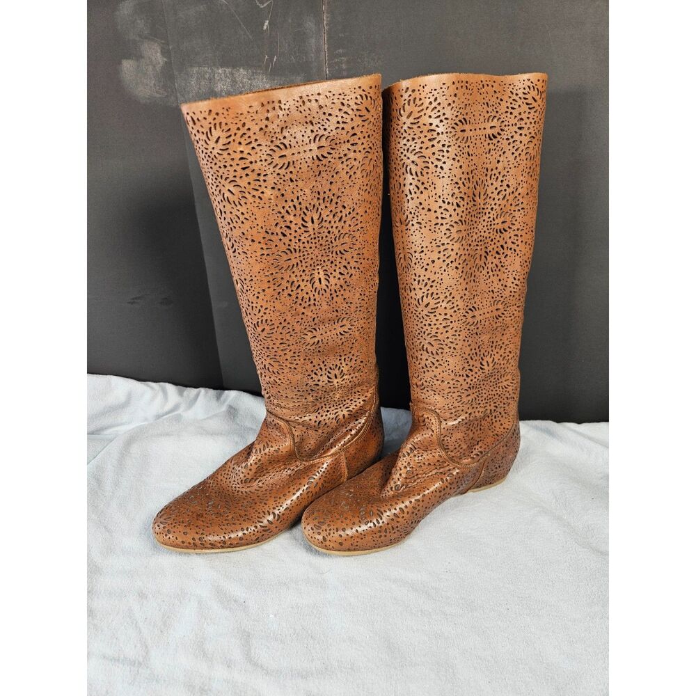 Sundance Perforated Cutout Leather Tall Boots Cognac Brown Made In Italy Size 7